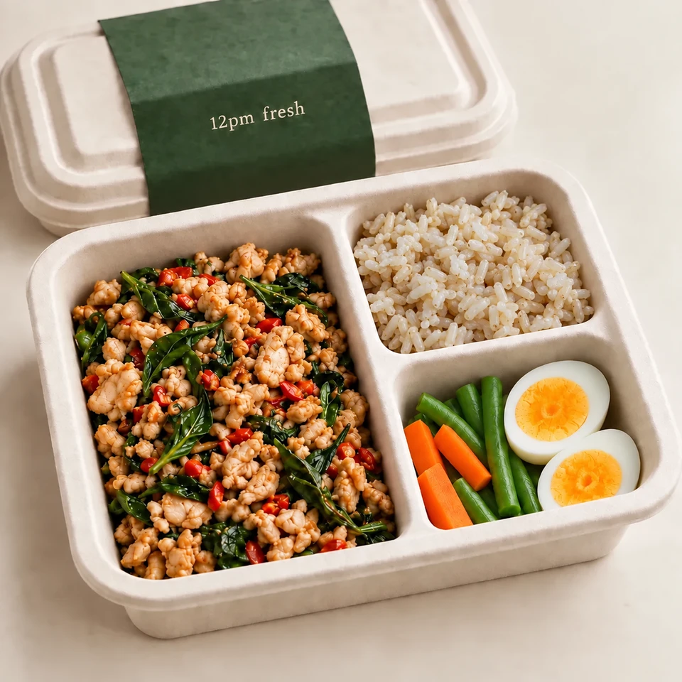 กะเพราไก่ ไข่ต้ม ข้าวกล้อง